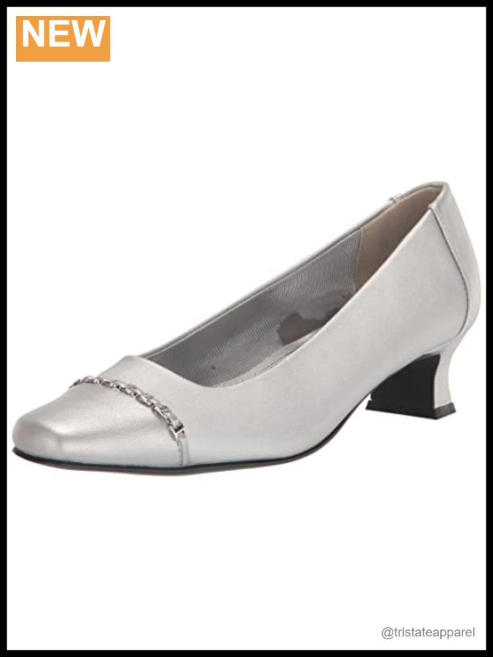 Square Toe Low Dress Heel Satin Pumps with Chain Ornament